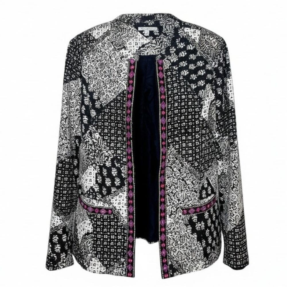 INDIKKA New York Women's Sz L Cotton Black White Embroidered Open Front Jacket
